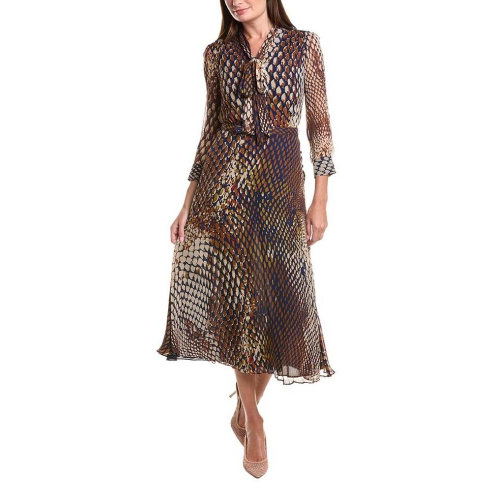 Teri Jon By Rickie Freeman Womens  Chiffon Tie Neck Print Silk Midi Dress, Blue